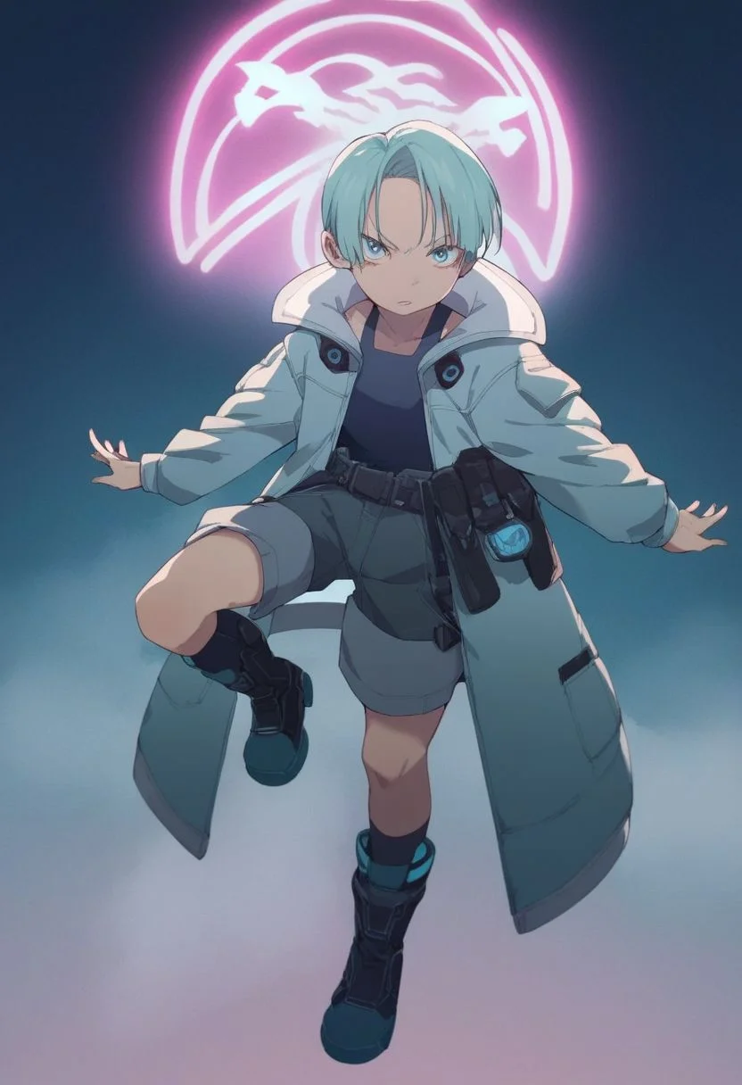 score_9, score_8_up, score_7_up, score_6_up, score_5_up, score_4_up, source_anime, 1girl, oversized jacket, light blue jacket, shorts, roll out, holster, boots, dynamic pose, detailed cyberpunk city background, mabyss, Perfect Hands, perfecteyes