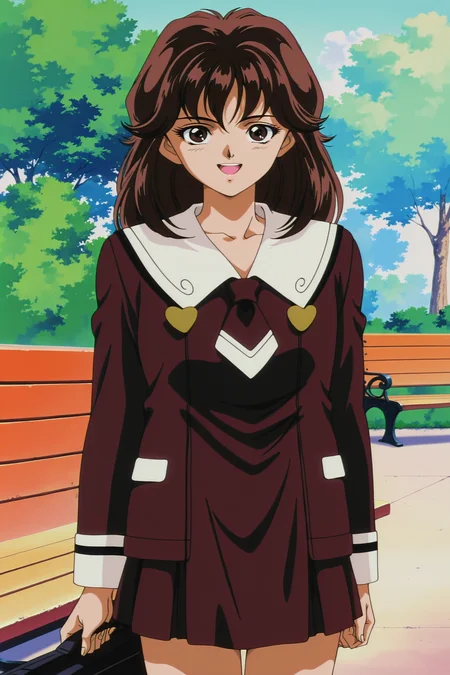 anime coloring, anime screencap, masterpiece, best quality, amazing quality,
1990s (style), retro artstyle,
<lora:All_4_DNA²_heroines_Ami_Kurimoto_Karin_Aoi_Kotomi_Takanashi_and_Tomoko_Saeki:.9>
Tomoko Saeki, 1girl, solo, brown hair, brown eyes,  long hair, bench, cowboy shot, looking at viewer, outdoors, smile, open mouth, happy girl, school uniform