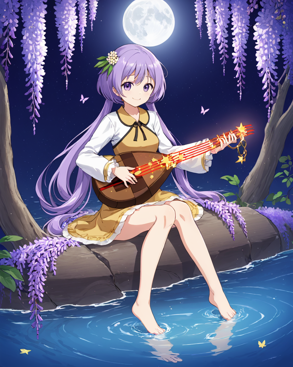 tsukumo benben,1girl, solo, barefoot, hair_flower, dress, full_moon, wisteria, sitting, petals, soaking_feet, long_sleeves, lute_\(instrument\), butterfly, smile, playing_instrument, twintails, night, water, biwa_lute
<lora:tsukumo_benben_image916_2023-12-20-000015:1>,star-shaped_pupils,symbol-shaped_pupils,. gorgeous,key visual, vibrant, studio anime,award-winning, professional, highly detailed,high budget, cinemascope