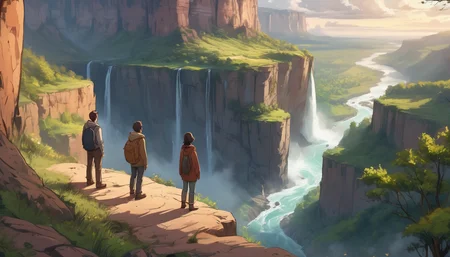 <lora:Dreamyvibes - Alt-Version - Trigger is Dreamyvibes Artstyle:1> dreamyvibes artstyle,breathtaking view of a canyon with a tall rock formation jutting out of the side. Two people are standing on the edge of the cliff, enjoying the breathtaking view. They are standing close to each other, with one person closer to the left side of the image and the other person on the right side. The canyon stretches out in the background, with a river flowing through it. The sky is filled with clouds, adding to the dramatic atmosphere of the scene.