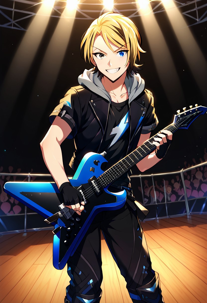 score_9, score_8_up, score_7_up, source_anime, highly detailed, 
leonard, instrument, guitar, gloves, solo, fingerless gloves, blonde hair, smile, holding instrument, jacket, blue eyes, holding, black gloves, black jacket, electric guitar, grin, looking at viewer, short hair, pants, black pants, standing, short sleeves, 1boy, male focus, plectrum, shirt, belt, knee boots, short pants, black hair, two-tone hair, heterochromia, blue eye, grey eye, hood, upper body,
indoor, stage