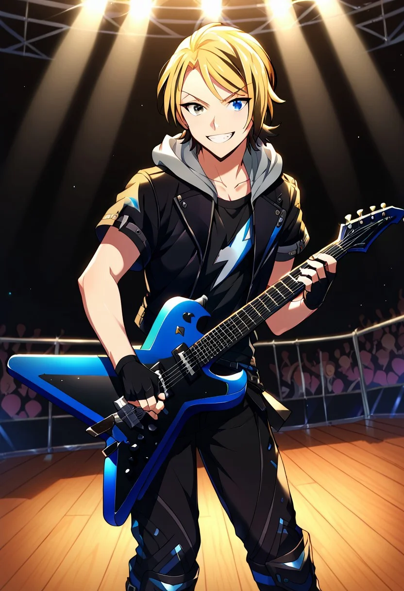 score_9, score_8_up, score_7_up, source_anime, highly detailed,
leonard, instrument, guitar, gloves, solo, fingerless gloves, blonde hair, smile, holding instrument, jacket, blue eyes, holding, black gloves, black jacket, electric guitar, grin, looking at viewer, short hair, pants, black pants, standing, short sleeves, 1boy, male focus, plectrum, shirt, belt, knee boots, short pants, black hair, two-tone hair, heterochromia, blue eye, grey eye, hood, upper body,
indoor, stage