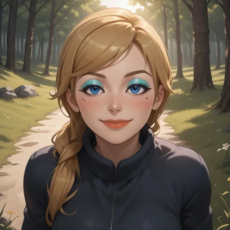 score_9, score_8, BREAK, solo, wii, mii, wii sports, 1girl, female mii, blonde hair, makeup, blush, blue eyeshadow, blue eyes, mole under eye, lips, black clothing, shoes, big breasts, white pants, Alisha_(Wii_Sports), nintendo mii, modern_mii, classic_mii, cute, sexy pose, smile, outdoors, sunlight, shadows, evening lighting, natural lighting, forest, trees, grass, orange sky, sunset