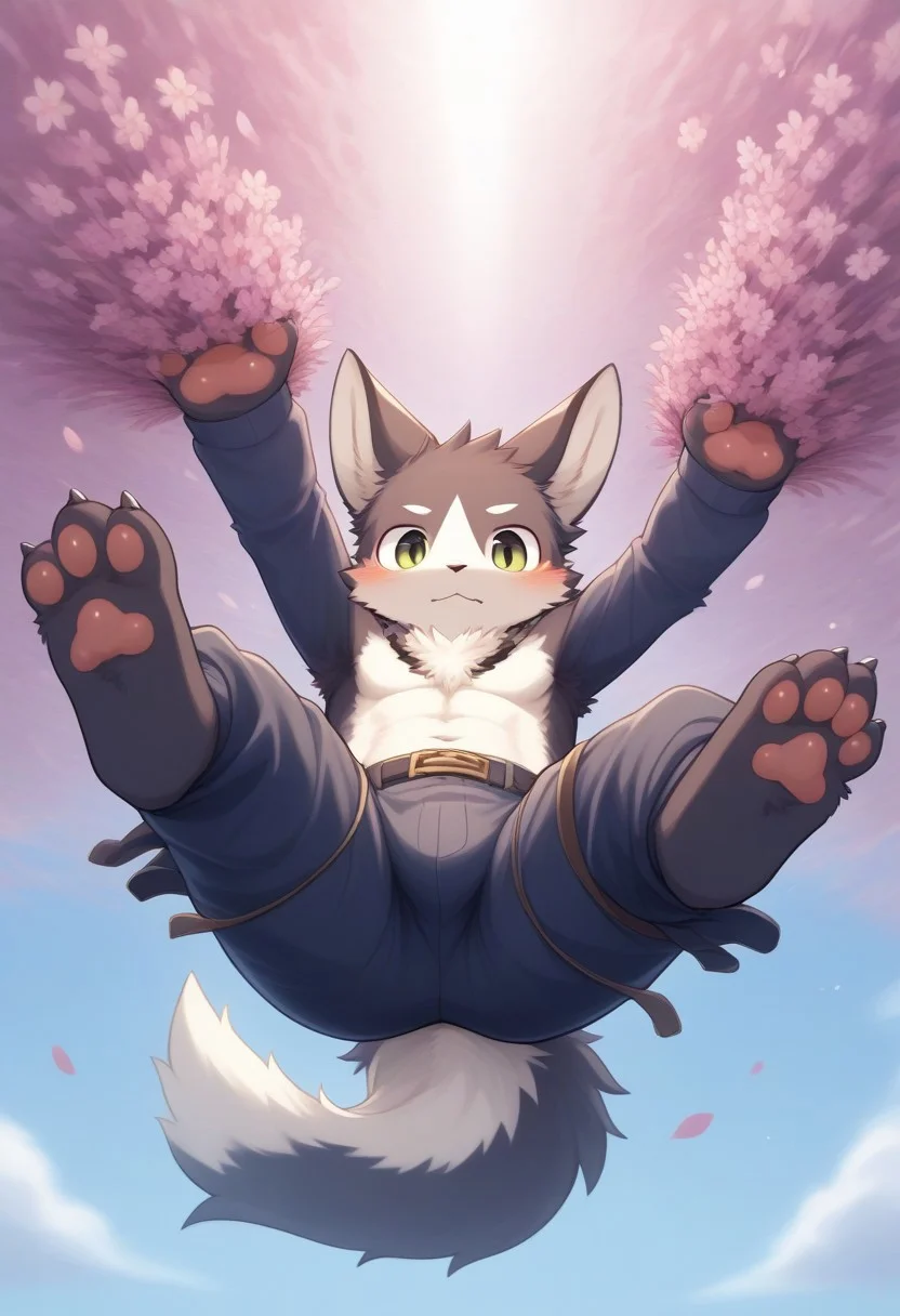 1boy, anthro, solo, paws, kemono, furry, male, falling, flower, by side, full body,
<lora:furry114514:1>