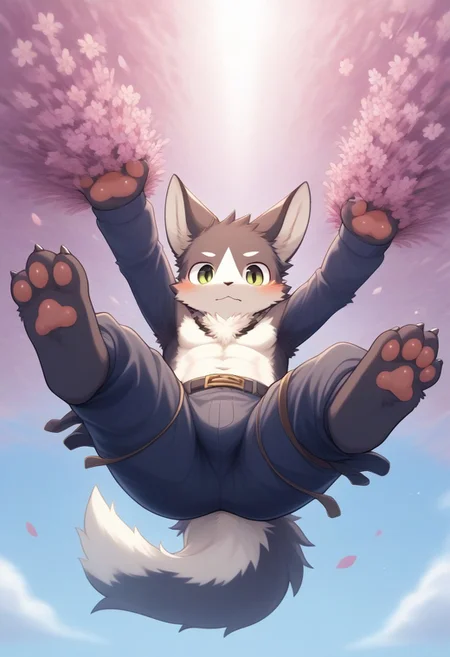 1boy, anthro, solo, paws, kemono, furry, male, falling, flower, by side, full body,
<lora:furry114514:1>
