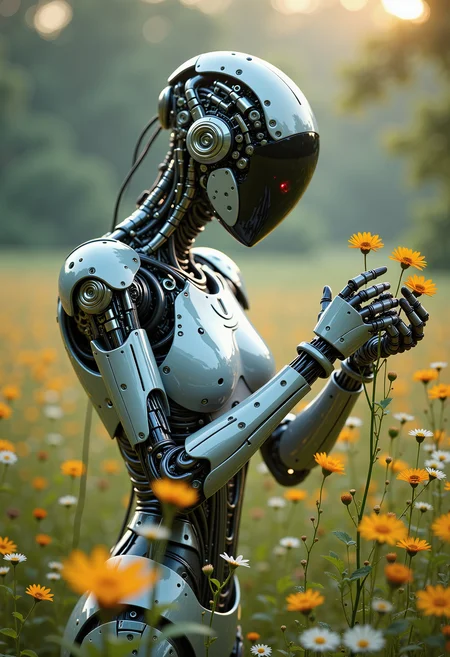A captivating and serene scene of a futuristic female robot picking wild flowers in a meadow, featuring shallow depth of field, bokeh effects, and a cinematic film still look with highly detailed textures and vibrant colors, evoking a moody and epic atmosphere with film grain.