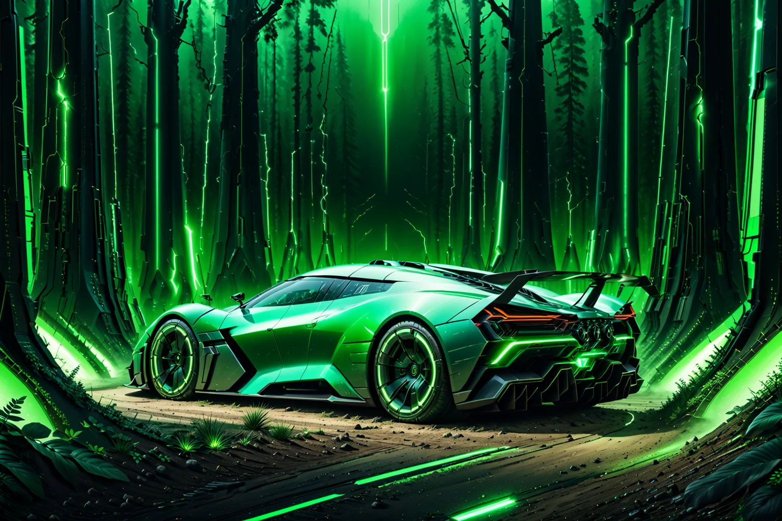 Necron, electricity, green glow, green theme, hypercar, futuristic forest, detailed background, pastoral tones, gentle glow, wide shot, <lora:Necron_World_XL-000009:1>