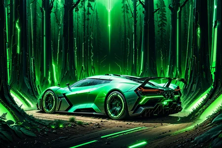 Necron, electricity, green glow, green theme, hypercar, futuristic forest, detailed background, pastoral tones, gentle glow, wide shot, <lora:Necron_World_XL-000009:1>