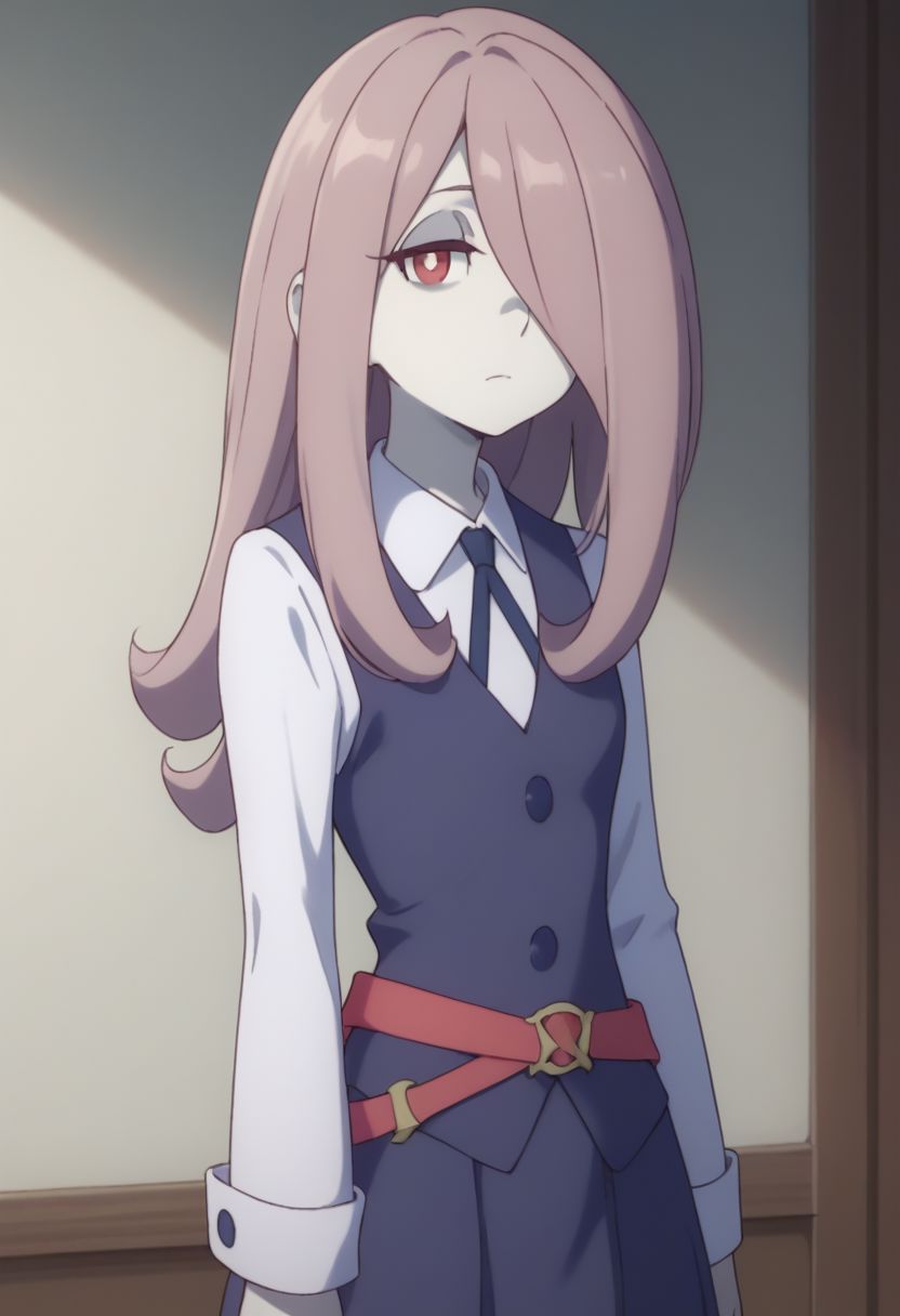 score_9, score_8_up, source_anime, highly detailed, 1girl, solo,
sucy, 1girl, pale skin, luna nova school uniform, solo, hair over one eye, school uniform, long hair, red eyes, pink hair, witch,
indoor,