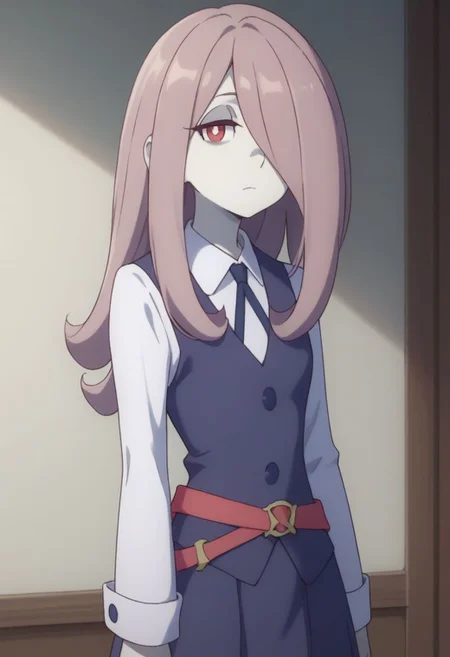 score_9, score_8_up, source_anime, highly detailed, 1girl, solo,
sucy, 1girl, pale skin, luna nova school uniform, solo, hair over one eye, school uniform, long hair, red eyes, pink hair, witch,
indoor,