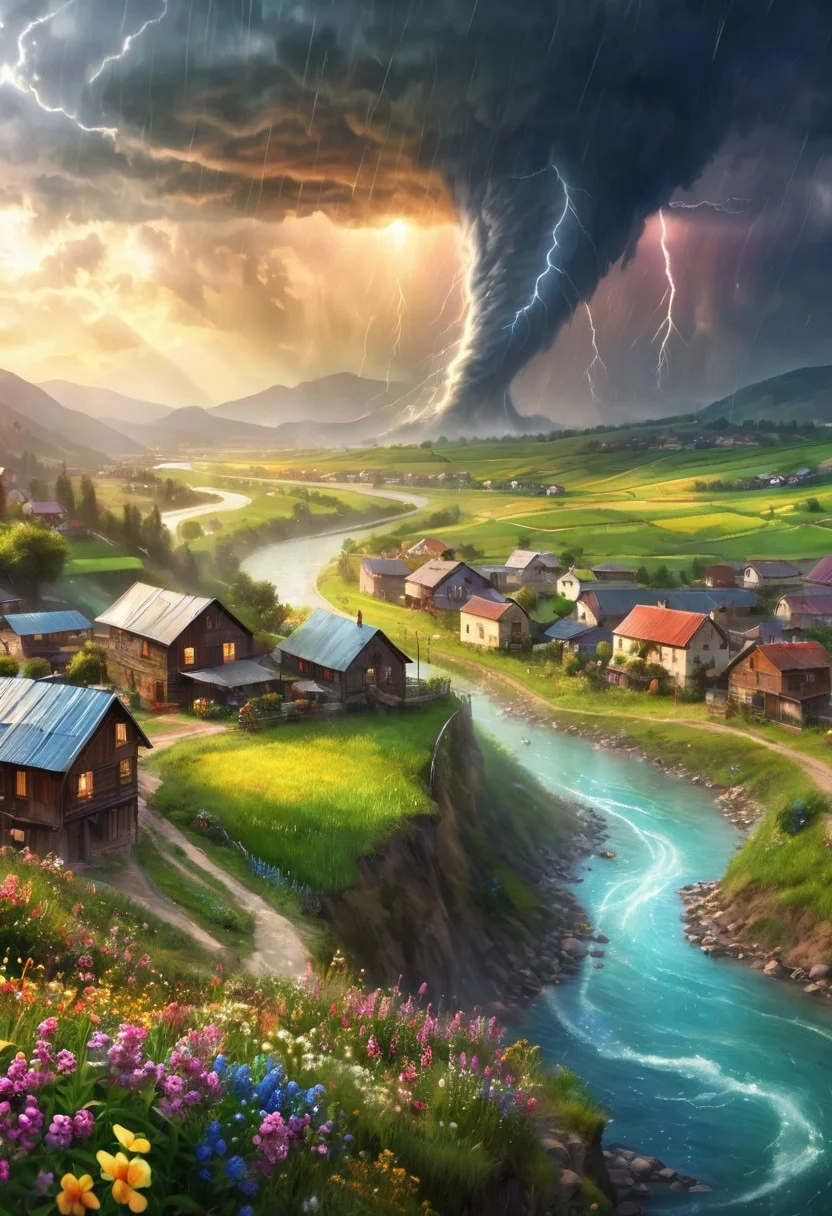 oil matte art, calm relaxing scenery, river, beautiful digital art, DarkFantasy, panoramic view, rain, wet, small village on the mountain cliff, lense flare, flower field, crystal clear, huge tornado in the background, bokeh, OverallDetail, 
extremely detailed, UHD,(long exposure )