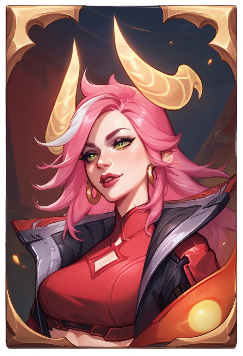 score_9, score_8_up, score_7_up, ultra detailed, 1girl,  yellow glowing horns, pink hair, LunaMF,  crop top,  weapon