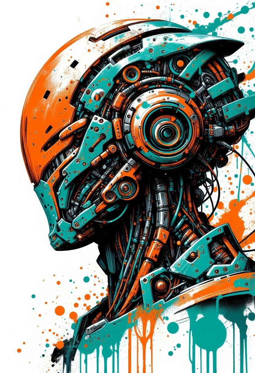 a helmet of a futuristic battle robot, side view, mythp0rt, mad-cbrpnksplshrt, paint splashes, teal and orange