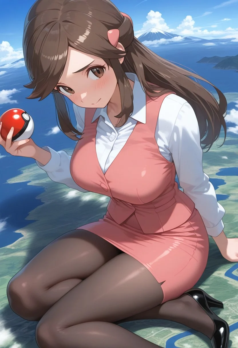 2d, masterpiece, best quality, amazing quality, highres, absurdres, newest, 1girl, solo, sitting, yokozuwari, from above, dutch angle, looking at viewer, day, sky, medium breasts, olbw, office worker \(pokemon\), office lady, brown eyes, long hair, brown hair, hair ornament, pink vest, white shirt, collared shirt, long sleeves, pink skirt, pencil skirt, black pantyhose, high heels, black footwear,tall,adult,holding pokeball,
giantess,giga size,landscape,cloud,mountain,liver,sea,