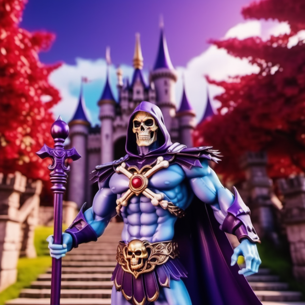 anime artwork cinematic photo a full body muscular man, skeleton face, purple cape, in front of a castle, sign with text ''For sale''<lora:Skeletor1024-000190:0.8> . 35mm photograph, film, bokeh, professional, 4k, highly detailed . anime style, key visual, vibrant, studio anime,  highly detailed