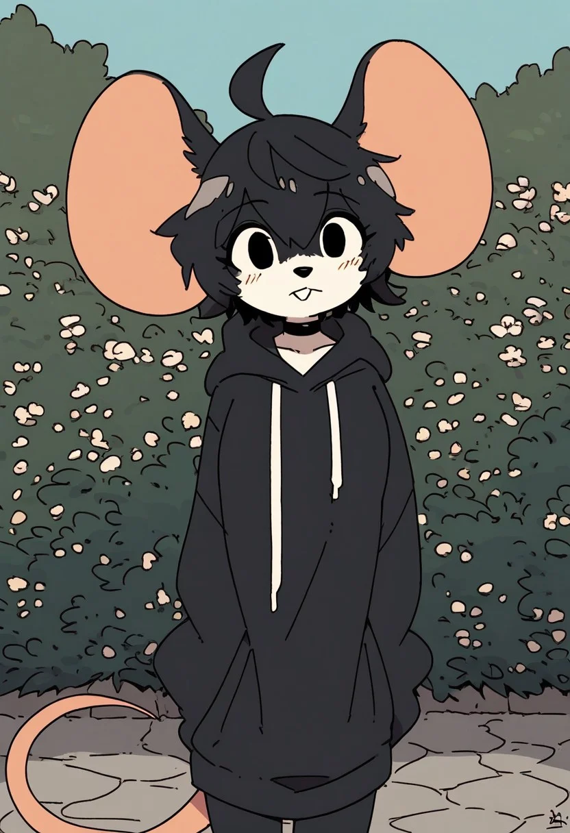 score_9, score_8_up, score_7_up, score_6_up, source_furry, source_anime, (short, diminutive, smol, short stack), ((anthro, mouse:1.2), black fur, mouse paws, hyper ears, buckteeth, female, small breasts), (hoodie, oversized baggy clothing, bottomless, choker), cute, adorable, slim, thin, bottom heavy, (hair, fluffy hair, short hair, black hair), (shy, timid), solo, dynamic pose, looking at viewer, outdoors, park, flowers