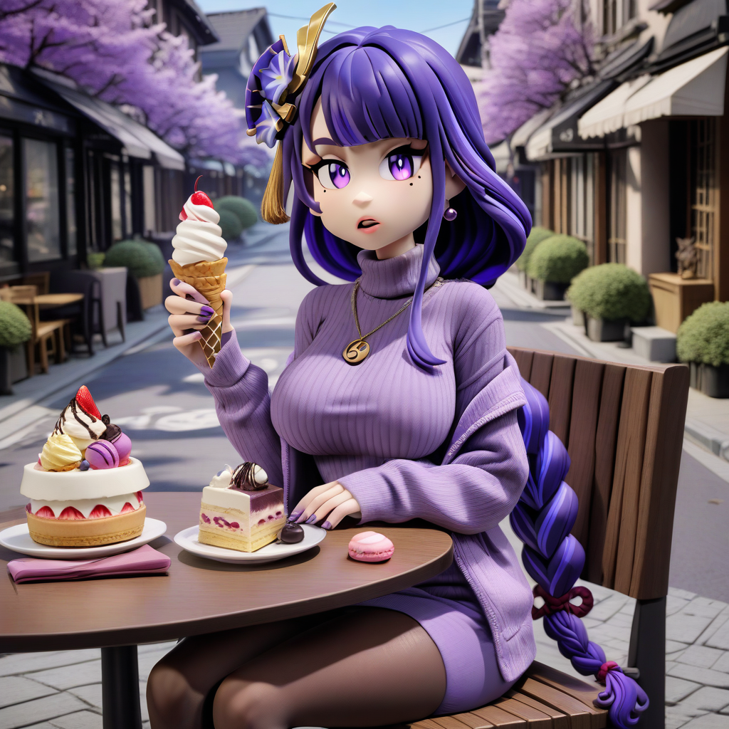 <lora:claymation-style_a31_xl_1:1>,claymation-style,(masterpiece,best quality),macaron, 1girl, food, wagashi, solo, raiden shogun, purple skirt, dango, sweater, purple eyes, braided ponytail, mole under eye, purple hair, skirt, pantyhose, ice cream, turtleneck, hair ornament, sitting, sanshoku dango, tomoe \(symbol\), breasts, jewelry, long hair, parfait, braid, looking at viewer, mitsudomoe \(shape\), sweets, holding, necklace, bangs, mole, ice cream cone, purple nails, earrings, purple jacket, long sleeves, open clothes, bag, turtleneck sweater, open jacket, off shoulder, black pantyhose, nail polish, jacket, outdoors, hair flower, day, cake, flower, large breasts, very long hair, alternate costume, ribbed sweater, table, dessert, chair, purple flower, sleeves past wrists, parted lips, open mouth, holding food, purple sweater, knees together feet apart, tree