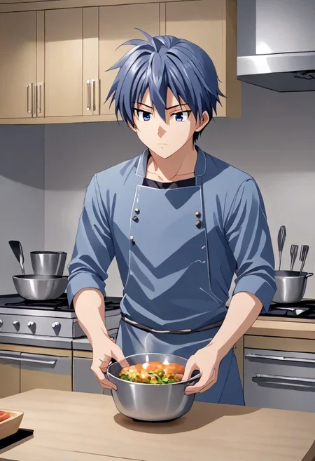 high resolution, solo, best quality, 1Boy, Tomoya Okazaki, Grey Blue Hair, Cooking Dango, OverallDetail