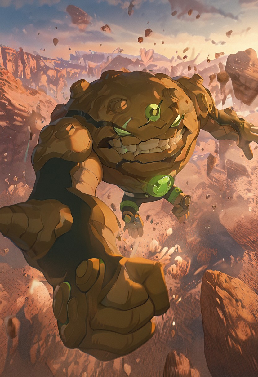 masterpiece, best quality, amazing quality, very aesthetic, absurdres, newest,, detailed background, 
 movie scene, cinematic scene, cinematic, 
gravitack, crooked teeth, 1boy, armor, monster, green eyes, solo, massive arms, big hands,
outdoors, rocks, floating rocks, floating islands, dynamic pose, attacking, aiming arm at viewer,