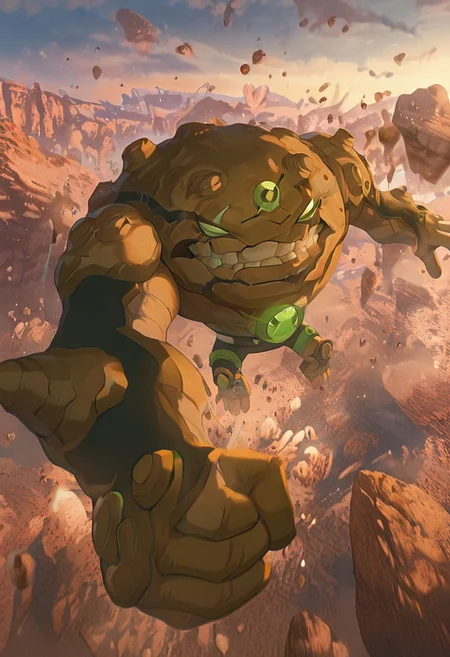 masterpiece, best quality, amazing quality, very aesthetic, absurdres, newest,, detailed background, 
 movie scene, cinematic scene, cinematic, 
gravitack, crooked teeth, 1boy, armor, monster, green eyes, solo, massive arms, big hands,
outdoors, rocks, floating rocks, floating islands, dynamic pose, attacking, aiming arm at viewer,