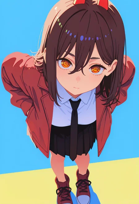 score_9, score_8_up, score_7_up, score_6_up, masterpiece, best quality, newest, absurdres, highres, traditional media, 1girl, black necktie, necktie, solo, medium hair, brown eyes, shirt, jacket, white shirt, skirt, red footwear, collared shirt, shoes, brown hair, blue background, simple background, power \(chainsaw man\), hands in pockets, facing viewer, looking at viewer, leaning forward, close-up, red jacket, from above, upturned eyes, close-up,portrait, eye focus, Colorful themes,High Saturation, haiz_ai, no lineart,no outline,ayase momo