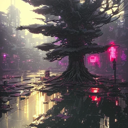 (cybernetic 4x1trees:1.3), tech,vaporwave, synthwave, cyberpunk, (swamps:1.3), high-tech, (golden:1.2), (Frightening:1.3) (RFNKTRY), (by Artist Akihiko Yoshida:1.3),(by Artist Ross Tran:1.3),(by Artist Tsutomu Nihei:1.3),masterpiece, 4k, HD, art by nvinkpunk