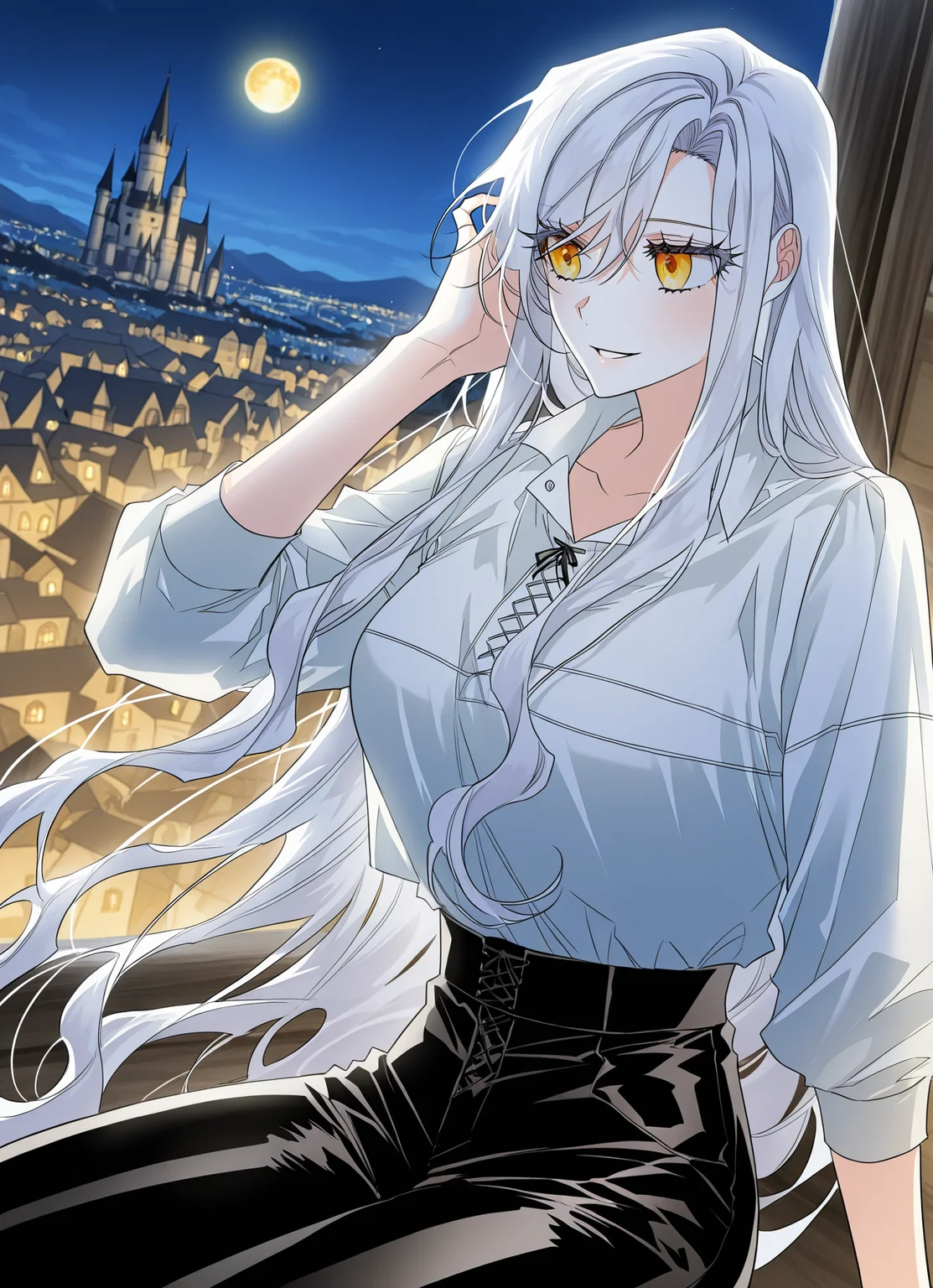 <lora:Sigrid__Sigrid__Illustrious v2:1>
Sigrid, 1girl, solo, long white hair, golden eyes, white blouse, black pants, casual outfit, beautiful, relaxed pose, slim athletic body, flowing hair, sigrid_white_casual_outfit
score_9, score_8_up, score_7_up, very aesthetic, source_anime, detailed, high quality, beautiful, masterpiece, detailed eyes, castle, village, blurry background, cityscape, pose dynamic angle, light smile, open mouth, hand on hair, sitting, night, golden moon,
