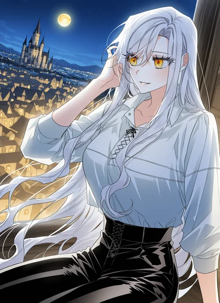 <lora:Sigrid__Sigrid__Illustrious v2:1>
Sigrid, 1girl, solo, long white hair, golden eyes, white blouse, black pants, casual outfit, beautiful, relaxed pose, slim athletic body, flowing hair, sigrid_white_casual_outfit
score_9, score_8_up, score_7_up, very aesthetic, source_anime, detailed, high quality, beautiful, masterpiece, detailed eyes, castle, village, blurry background, cityscape, pose dynamic angle, light smile, open mouth, hand on hair, sitting, night, golden moon,
