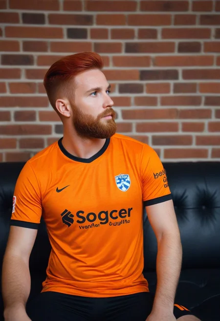 photo of a man with short red hair, hipster beard, looking away, sitting on sofa, posing, brick wall on background, bokeh, dynamic dutch angle.
(wearing soccer_jersey, dark theme, orange english text).