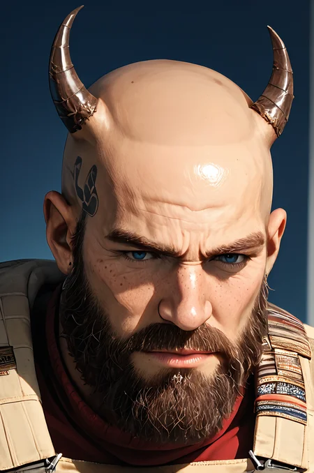 striking figure, cream-colored outfit, ribbed patterns, horn-like shoulders, high collar, flowing fabric, regal appearance, avant-garde design, bald head, classical decor, soft lighting
score_9, score_8_up, score_7_up, score_6_up, rating_explicit, uncensored, nsfw, masterpiece, best quality, ultra-detailed, hyperrealistic, photo-realistic, 8k UHD, RAW photo,extremely detailed skin, skin pores, perfect face, natural imperfections, subsurface scattering, detailed eyes, detailed skin texture, fine wrinkles, freckles, realistic skin shading,
<lora:Ghostrecon_Nomad:0.86> n0mad, male focus, realistic, facial hair, beard, bara <lora:Expressive_H:0.67> expressiveh