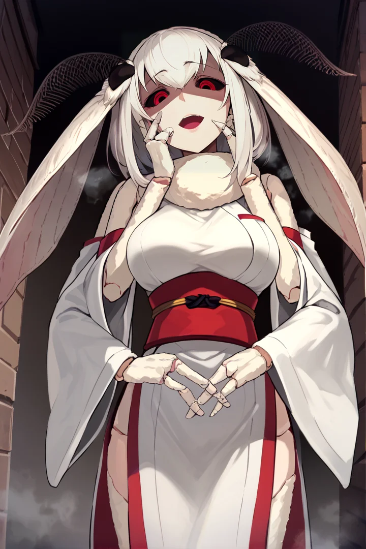 score_9, score_8_up, score_7_up, score_6_up, score_5_up, score_4_up, source_anime, mashiro, red eyes, black sclera, 3 fingers, 4 arms, joints, 
white hair, medium hair, white kimono, detached sleeves, wide sleeves, red obi, white pelvic curtain, side slit
BREAK upper body, dark, looking down, eerie, shaded face, from below, looking down, heavy breathing, steam, steaming body, glowing eyes
BREAK hands on own cheek, crossed arms, :d, stone walls, brick wall, upper teeth, half-closed eyes, dutch angle, floating hearts, <3, mature female
<lora:mashiro:1>