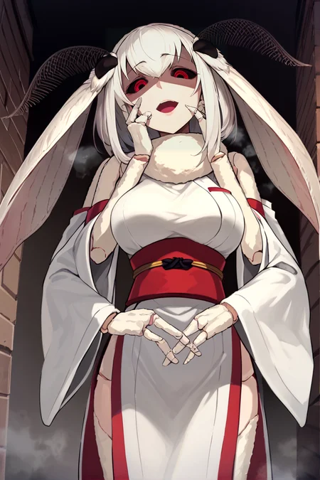 score_9, score_8_up, score_7_up, score_6_up, score_5_up, score_4_up, source_anime, mashiro, red eyes, black sclera, 3 fingers, 4 arms, joints,
white hair, medium hair, white kimono, detached sleeves, wide sleeves, red obi, white pelvic curtain, side slit
BREAK upper body, dark, looking down, eerie, shaded face, from below, looking down, heavy breathing, steam, steaming body, glowing eyes
BREAK hands on own cheek, crossed arms, :d, stone walls, brick wall, upper teeth, half-closed eyes, dutch angle, floating hearts, <3, mature female
<lora:mashiro:1>