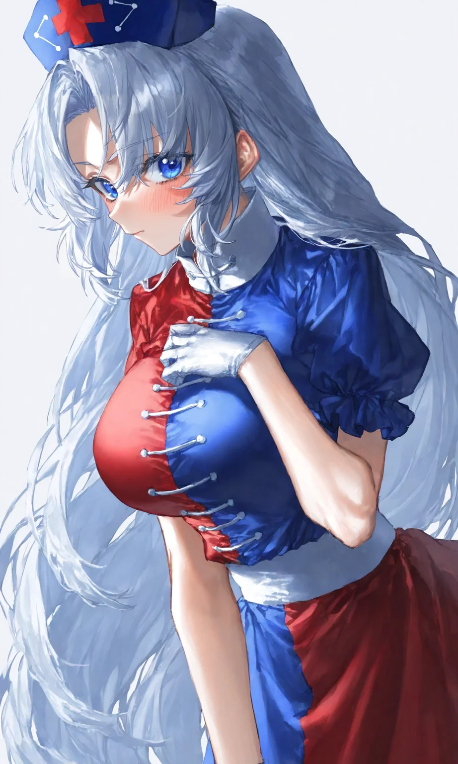 (artist:quasarcake:1.1), (ebifurya:0.7), yagokoro eirin, 1girl, solo, gloves, long hair, hat, breasts, white gloves, white background, simple background, dress, red dress, nurse cap, grey hair, multicolored dress, blue eyes, large breasts, blue headwear, looking at viewer, corset, blue dress, short sleeves, two-tone dress, multicolored clothes, closed mouth, puffy sleeves, parted bangs, puffy short sleeves, red cross, collared dress, upper body, cross, very long hair, (best quality, amazing quality, very aesthetic, absurdres:1.1)