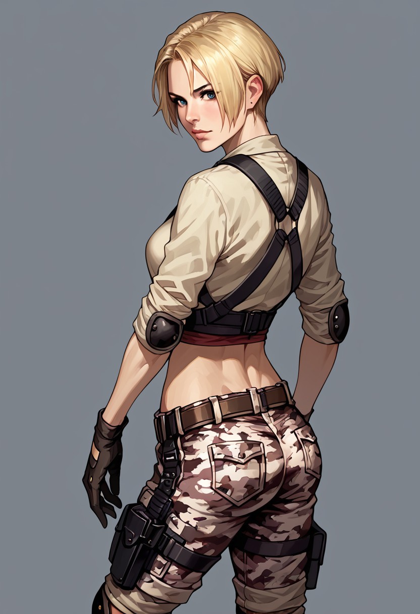 Score_9_up, score_8_up, score_7_up, score_6_up, source_realistic, cowboy shot, BREAK 1girl, partygirl, blonde, short hair, tank top, midriff, harness, camouflage shorts, knee pads, belt, holsters, gloves,