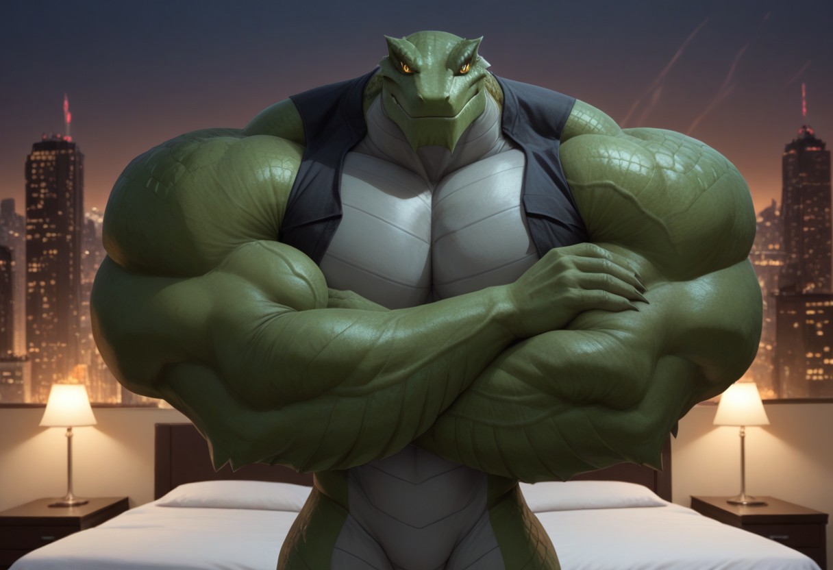 killer-croc, crocodile, anthro, green skin, grey underbelly, reptile tail, black vest, scar on one eye, solo, furry, muscular, crossed arms, looking down at viewer, upper body, veiny, city downtown background, night, evil smirk, bed eyes, (realistic shading, detailed picture), yellow eyes, slit pupil,buff, muscular, swole, muscles, huge muscles, enormous muscles, hyper buff, hyper muscles,