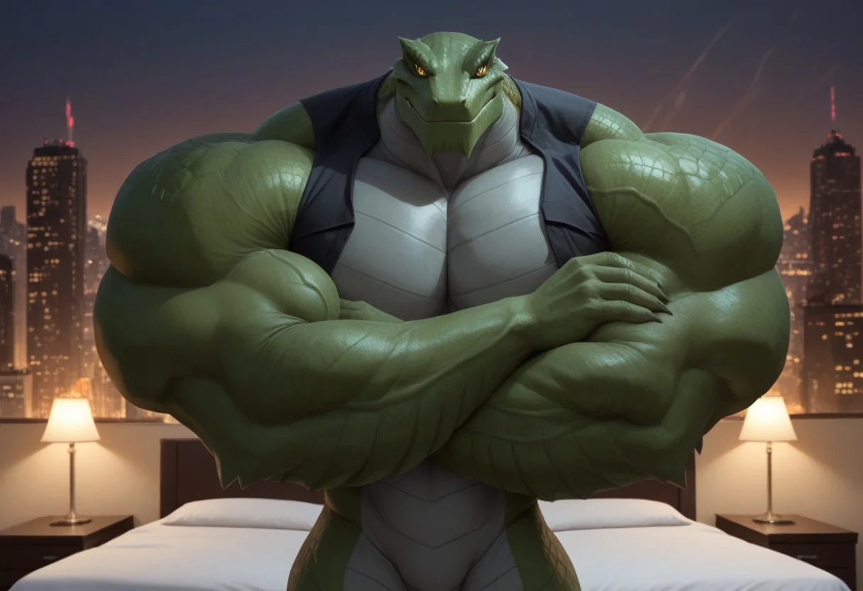 killer-croc, crocodile, anthro, green skin, grey underbelly, reptile tail, black vest, scar on one eye, solo, furry, muscular, crossed arms, looking down at viewer, upper body, veiny, city downtown background, night, evil smirk, bed eyes, (realistic shading, detailed picture), yellow eyes, slit pupil,buff, muscular, swole, muscles, huge muscles, enormous muscles, hyper buff, hyper muscles,