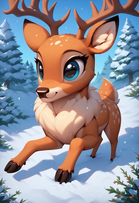 score_9, score_8, score_7, (masterpiece), best quality, expressive eyes, perfect face, fl00ffymadn3ss, (deer, feral deer), yellow fur, navy eyes, male, (snow, blizzard), cute, cute pose