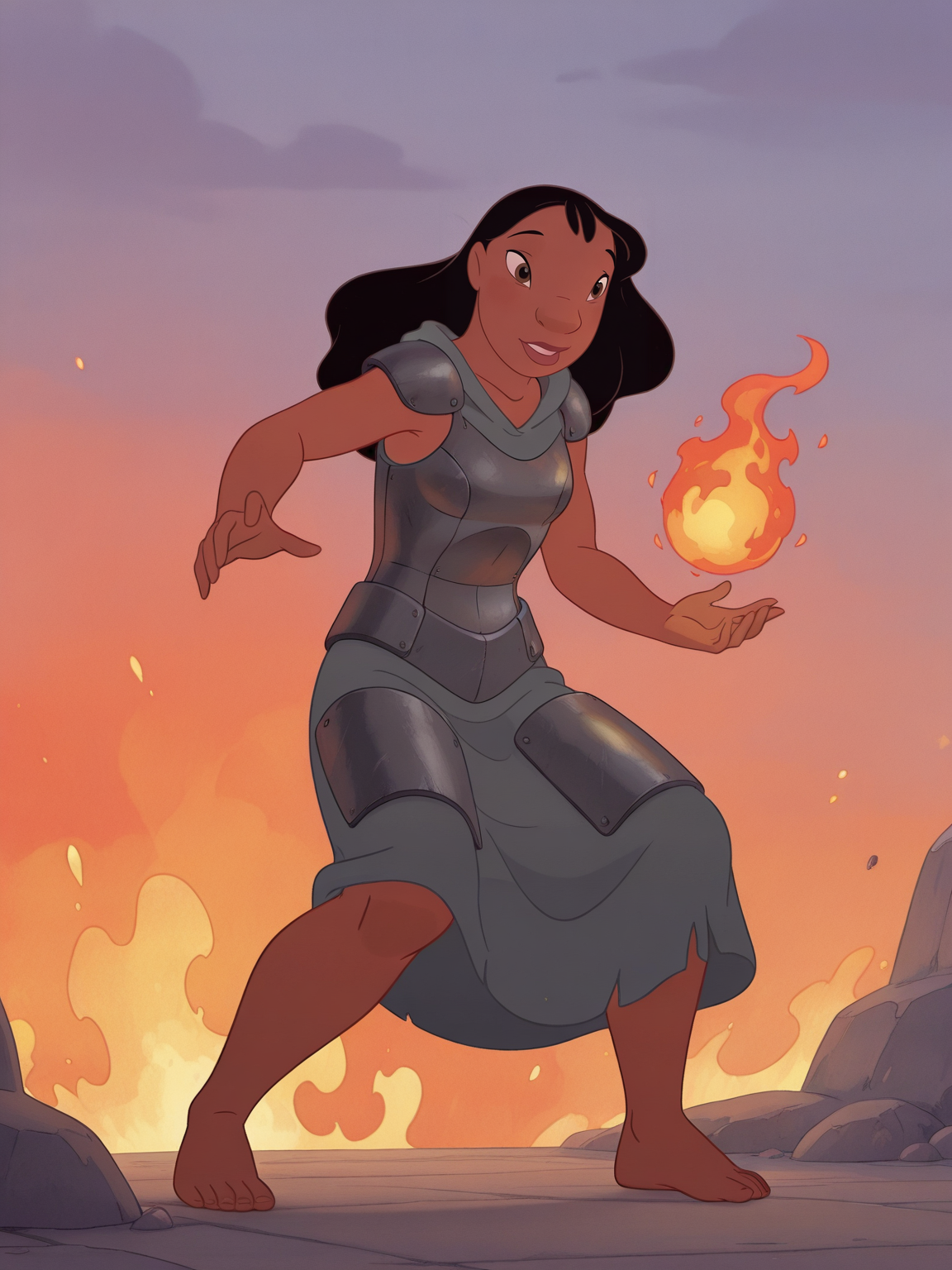 <lora:Nani_PelekaiIL:0.9> n_p, 1 girl, native hawaiian, dark skin, black hair, long hair, brown eyes, 
magic, magic robe, steel armor,glowing liens, fireball, action, full body, glowing background, magic background