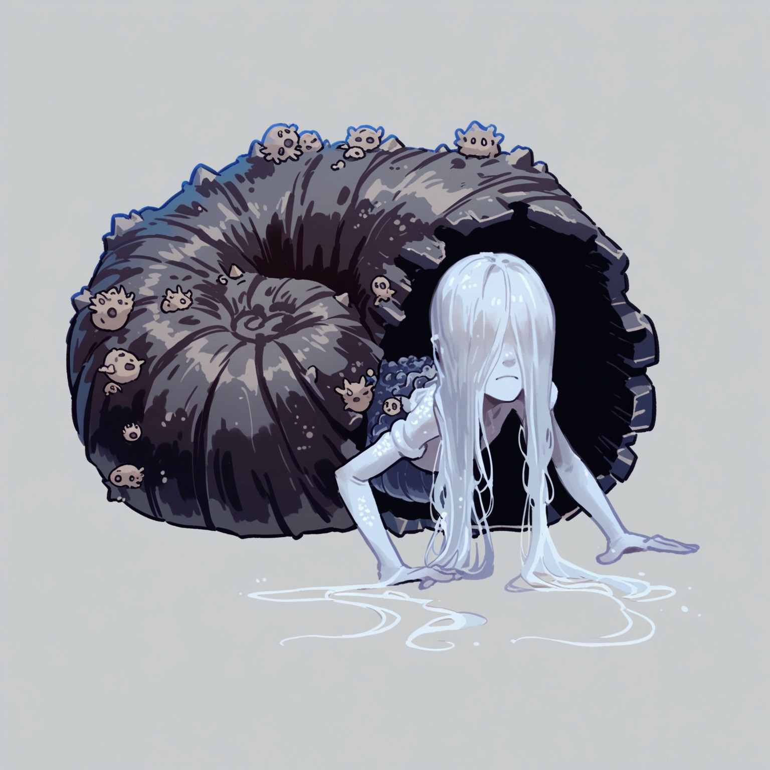 safe_pos, score_9, score_8_up, score_7_up, score_6_up, score_5_up, score_4_up, acartstyle, acs style, rating_safe, cute, ((chibi, simple background:2, long hair)), 1girl, Snailwoman, monster girl, colored skin, hair over eyes, closed eyes, nude, snail, shell, coming out of shell, crawling