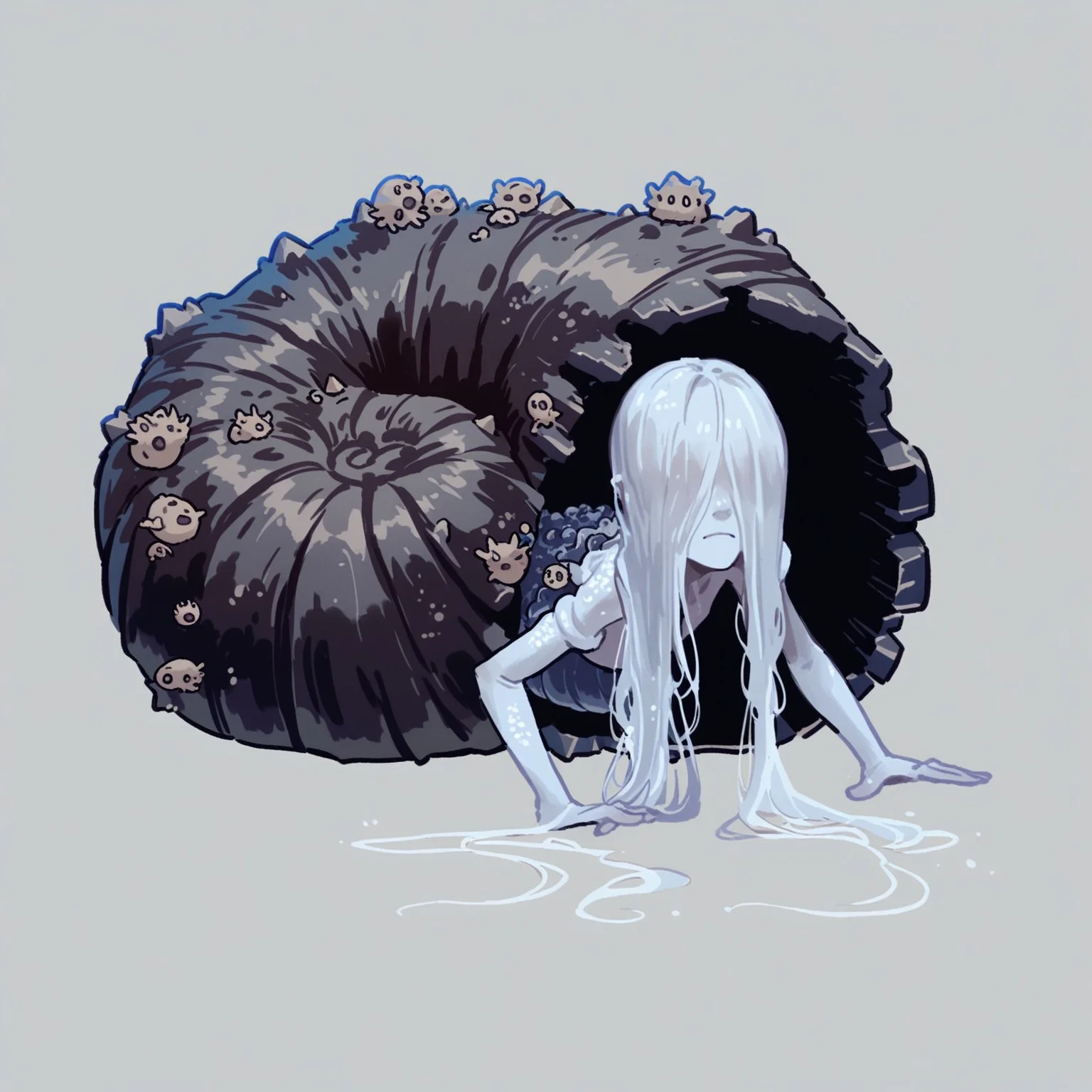 safe_pos, score_9, score_8_up, score_7_up, score_6_up, score_5_up, score_4_up, acartstyle, acs style, rating_safe, cute, ((chibi, simple background:2, long hair)), 1girl, Snailwoman, monster girl, colored skin, hair over eyes, closed eyes, nude, snail, shell, coming out of shell, crawling