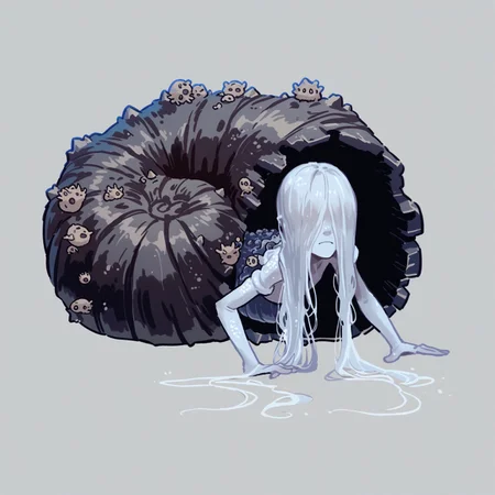 safe_pos, score_9, score_8_up, score_7_up, score_6_up, score_5_up, score_4_up, acartstyle, acs style, rating_safe, cute, ((chibi, simple background:2, long hair)), 1girl, Snailwoman, monster girl, colored skin, hair over eyes, closed eyes, nude, snail, shell, coming out of shell, crawling