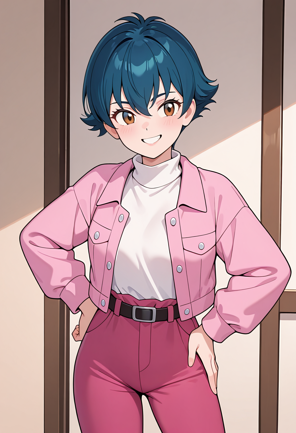 masterpiece, best quality, very aesthetic, absurdres, 1girl, solo,
<lora:shimaya_hazuki_v01:0.8>, shimaya_hazuki, hazuki_casual, blue hair, short hair, brown eyes, hair between eyes,
pink jacket, open jacket, white shirt, turtleneck, long sleeves, belt, pink pants, smile, hand on own hip, grin