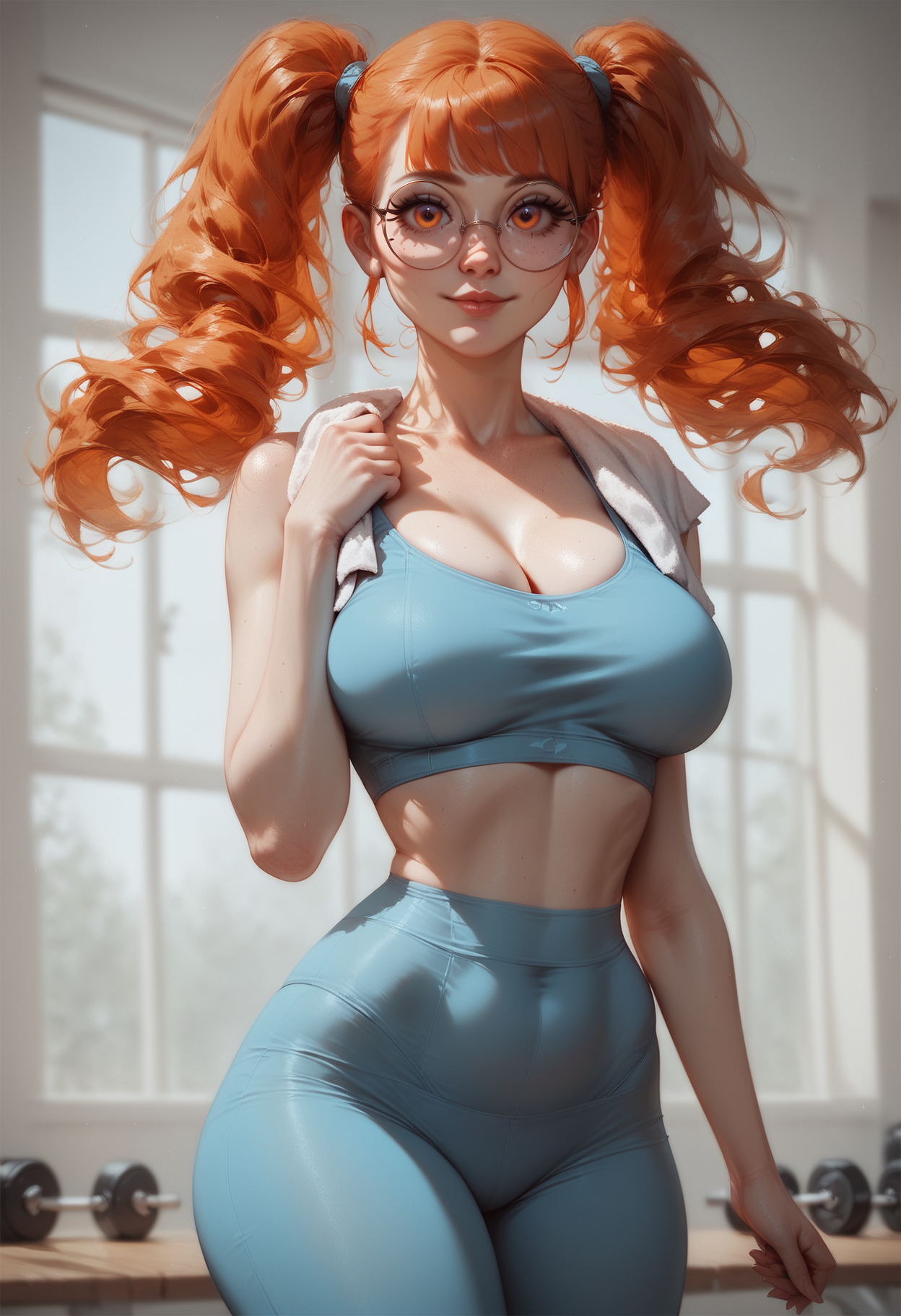 score_9, score_8_up, score_7_up, score_6_up, 1girl,orange hair, twintails, floating hair,bangs,glowing orange eyes,solo,lips, round glasses, large breasts, indoor gym background, in an indoor gym setting, standing, whole body shot,  sport bra, leggings, yoga pant, towel on shoulders looking_at_viewer, light smile, hip focus, <lora:aaaaaaaWilnaya_e10:0.8> Wilnayaa