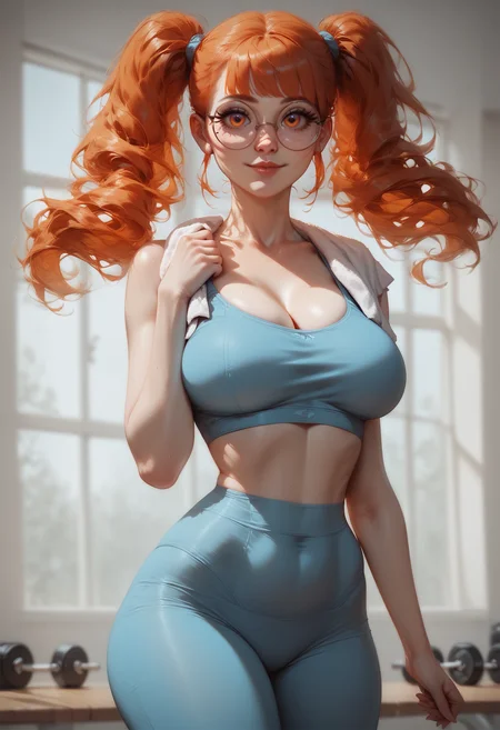 score_9, score_8_up, score_7_up, score_6_up, 1girl,orange hair, twintails, floating hair,bangs,glowing orange eyes,solo,lips, round glasses, large breasts, indoor gym background, in an indoor gym setting, standing, whole body shot, sport bra, leggings, yoga pant, towel on shoulders looking_at_viewer, light smile, hip focus, <lora:aaaaaaaWilnaya_e10:0.8> Wilnayaa