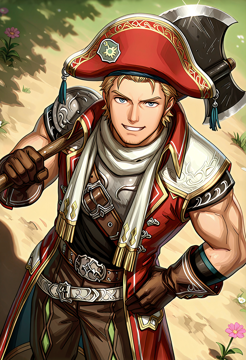 <lora:Corsair_Romancing_Saga_2_Revenge_of_the_Seven:1>,
<lora:noobai_vpred_1_aqm_complete_v3:1>,
<lora:NOOB_vp1_detailer_by_volnovik_v1:1> masterpiece, best quality, newest, absurdres, anime screencap, intricate details, good quality, very awa, highres, perfect proportions, perfect eyes, amazing quality, very aesthetic, crsr_rs2, blue_crsr_eyes, blonde_crsr_hair, muscular male, mature male, male focus, anime coloring, 1boy, solo, from above, spring,  smile, teeth, looking at viewer, crsr_hat, crsr_gloves, hand on own hip, weapon, axe, over shoulder, weapon over shoulder,  shadow, dutch angle,  dynamic action, intricate lighting, intricately detailed illustration, depth of field,