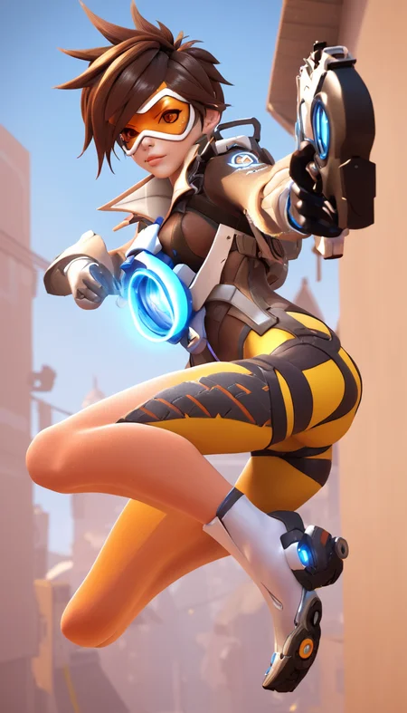 Cinematic scene, hero view, Tracer, Overwatch <lora:tracer_xl_v1:1>, action pose, detailed background, masterpiece, best quality, high quality, highres, absurdres, detailed skin texture, (blush:0.5), (goosebumps:0.5), subsurface scattering