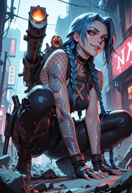 highres, very detailed, amazing quality, masterpiece, very aesthetic, particle effect, 1girl, jinx, jinx from league of legends, league of legends, beautiful eyes, looking at viewer, tough girl, slight muscle tone, tan skin, strong face, solo, toned arms, Covered in Tattoos, tattoo, neck tattoos, tight pants, ripped pants, holes ripped in pants, blue braided hair, large breasts, fishnets, torso fishnets, side boob, choker, fingerless gloves, rocket launcher, holding rocket launcher on shoulder, pistols, holding pistols, holsters, squatting down, arms on knees, ruined city, rubble, run down, looking at viewer, ((Front View)), tough pose, seducing, seductive, flirty, tender, loving, playful, sadistic smirk, sadistic, hyper energetic, cocky, in a city, destroyed city, at night, nighttime, explosions in background, Sillouheted against background explosions,
From below, view from below,