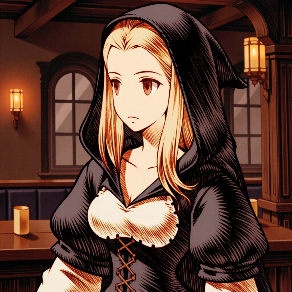 a fftstyle illustration of a girl. She is concerned and worried. She has long white hair and red eyes. She has full lips and is busty. She is wearing a black hood and white tavern wench costume top. She is in a medieval tavern