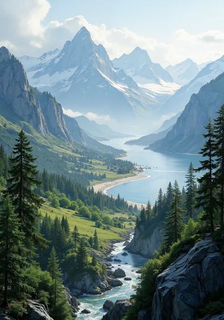 Breathtaking panorama, expansive mist-veiled mountains, sprawling verdant forest, shimmering coastal shore, dynamic tracking perspective. High-resolution 8k masterpiece, rugged desert outcrops, serene inland valleys, vibrant color palette, natural gradients, intricate textures, delicate sunlight, dewy foliage, soft ambient mist, archaic granite peaks, crystalline waters. Ethereal low-angle composition, intimate close-up on fine leaf veins, weathered stone surfaces. Majestic vista, sublime natural harmony, awe-inspiring spatial composition, intricate atmospheric detail. <lora:Anime realistic V1:0.3> <lora:ck-charcoal-drawing-000014:0.6> <lora:ck-shadow-circuit-000021:0.1> <lora:é»è²å¹»æ³_1.0:0.6> <lora:Illustration_Style_IV:0.5> <lora:flux_dev:1>