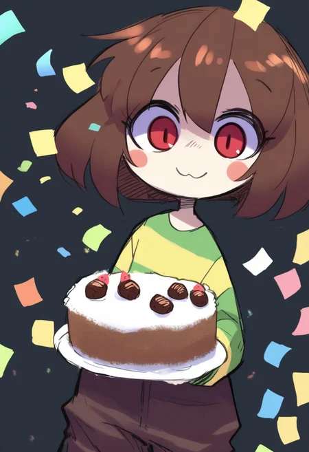 score_9, score_8_up, score_7_up, score_6_up, score_5_up, score_4_up, (solo:1.2), cute, adorable, (short, diminutive), (chara \(undertale\):1.2), (blush, blush stickers, red eyes, smile, green shirt with yellow stripe, evil, empty expression, long sleeves, brown pants), (confetti, birthday presents, presents, holding a chocolate cake), (sketch:1.2), (simple background:1.2)